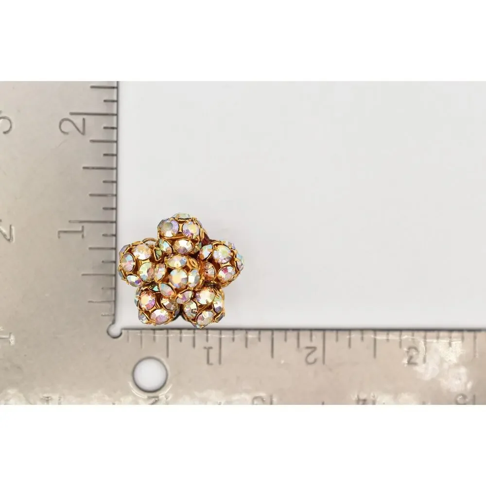 Vintage Crystal Clip On Earrings Aurora Borealis Prong Ball Flower 1950s BinBK